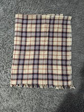 Pure New Wool Large Fringe Throw / Picnic Blanket Beige Red & Blue Tartan Check 