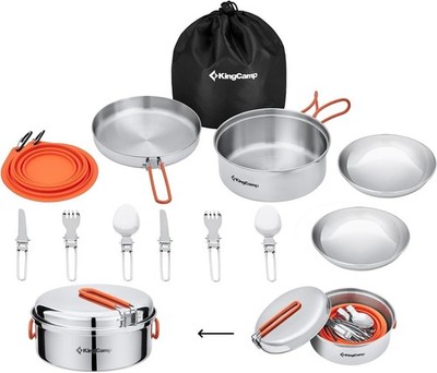 Camping Kochgeschirr Set für 2 Personen, Edelstahl Töpfe Pfanne, Faltbare Bes...