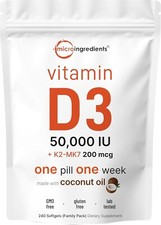 Vitamin D3 50000 IU Plus K2 MK-7 200 mcg 240 Virgin Coconut Oil Softgels