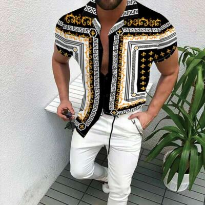 fohemr Mens Luxury Shirt and Short Set Outfit Baroque 2 Piece Black