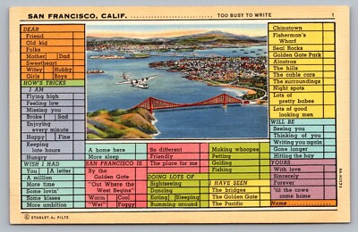 San Francisco CA Airplane View  Bay Too Busy To Write Check Box Postcard Vtg B9