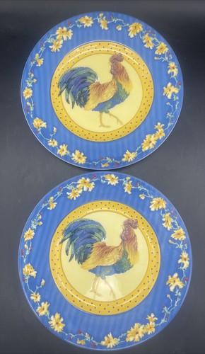 VTG Fitz & Floyd Rooster Coq du Village 9.25” Salad Dessert Plate Set Of 2 NWT - Picture 2 of 3