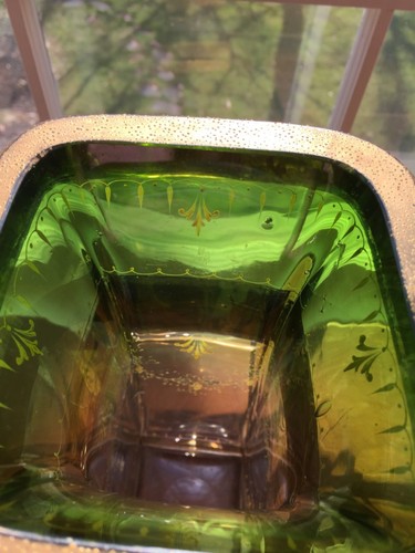 Moser Glass Art Deco Green to clear Gold Decorated Art Glass Vase 13 3/4" - Picture 6 of 11
