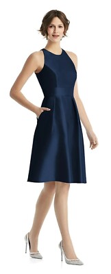 Alfred Sung High-Neck Satin Cocktail Dress With Pockets D769 NWT sz 18 Navy  Blue | eBay