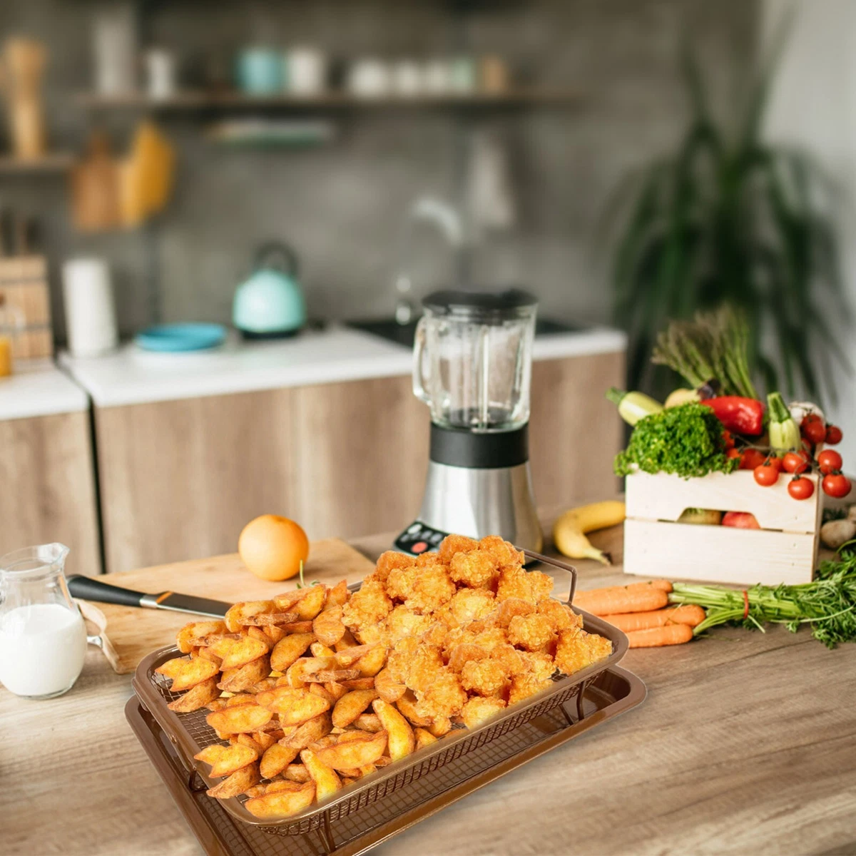 Non-Stick Oven Baking Tray, Air Fryer Crisper Basket with Elevated