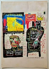 Jean-Michel Basquiat (Handmade) Drawing On Old Paper Signed & Stamped, vtg art