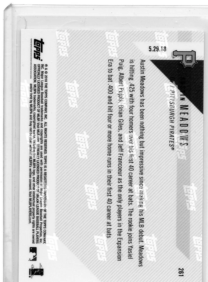 2018 TOPPS NOW #261 AUSTIN MEADOWS 5TH SINCE 1961 TO BAT .400 & 4 HRs IN 40 AB - Image 2 of 2