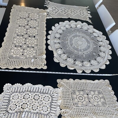 Lot Of 4 Plus 1free Hand Made Bo-ho Doillies In Beige. Hand Crochet 