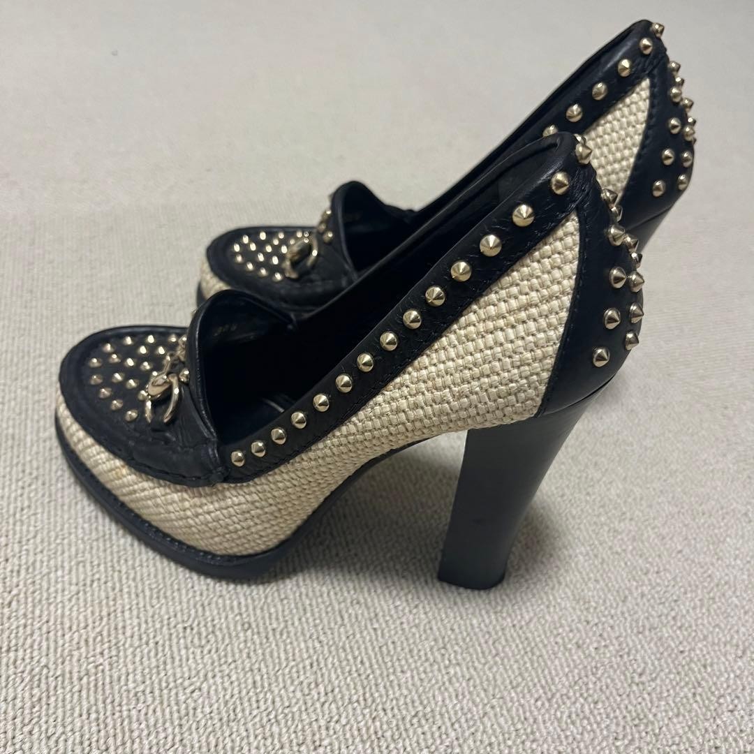 Auth Gucci Studded Pumps Leather Black Beige Logo Heel EU36.5 US6.5 UK3.5 thumbnail 17