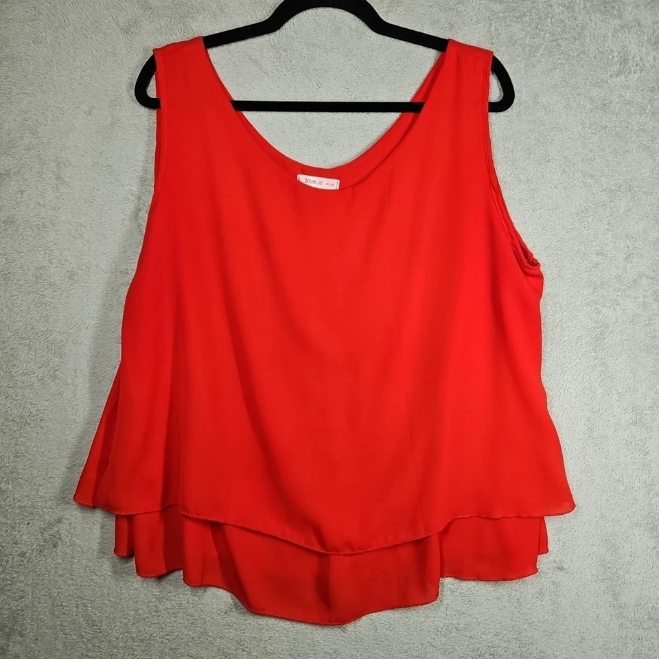 Doble Lote De 2 Blusas De Gasa Azul Océano y Rojo En Capas Fluidas Sin Mangas Talla 3XL  Foto 2 de 4