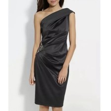 Eliza J One-Shoulder Beaded Satin Formal Cocktail Evening Dress Black Size 6