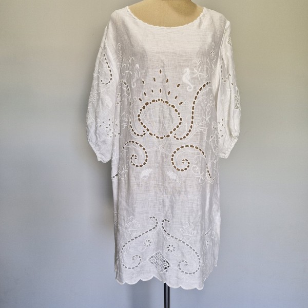 Spell & The Gypsy Lala White Embroidered Eyelet Linen Mini Shift Dress Size M