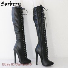Custom Vintage Round Toe Boots Burlesque High Heels Knee High Lace Up High Arch