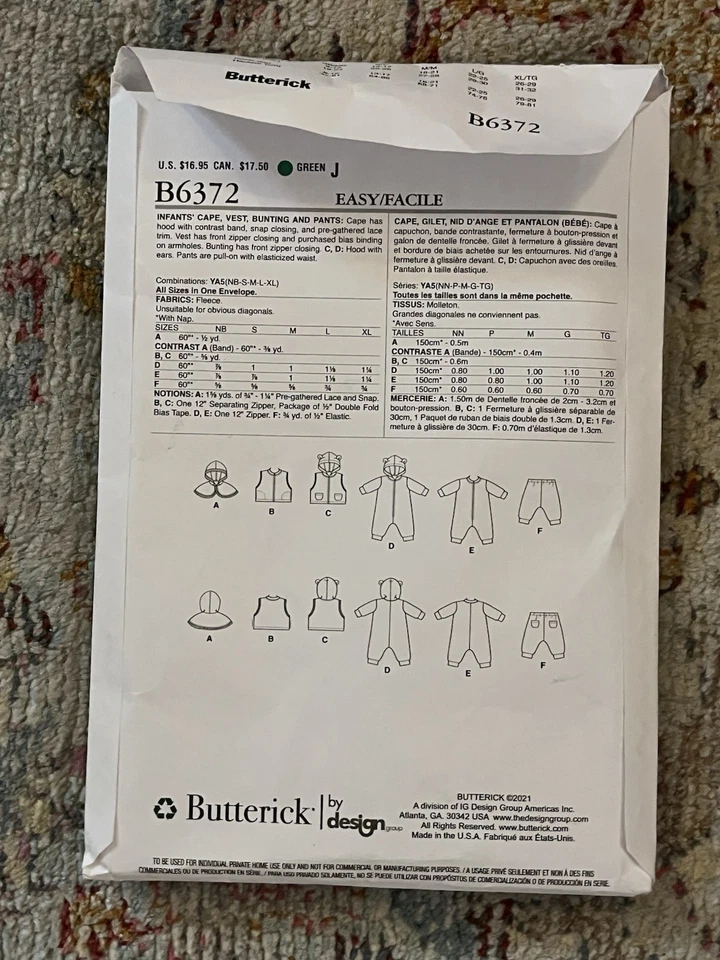 Butterick Pattern - Infants' Cape, Vest, Bunting, & Pants (NB-XLG) #B6372 - UC - Image 2 of 4