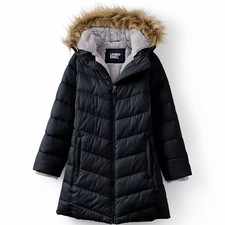 Lands End Youth Parka Full Zip Jacket Black Medium 8 Removable Faux Fur Trim