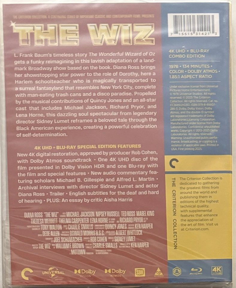 The Wiz (4K/Blu-ray, 2025, CRITERION) Micheal Jackson Diana Ross Musical NEW Foto 2 de 2