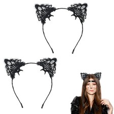 2pcs Black Lace Cat Ear Headbands for Adults, Cat Ear Headband Black Hairband
