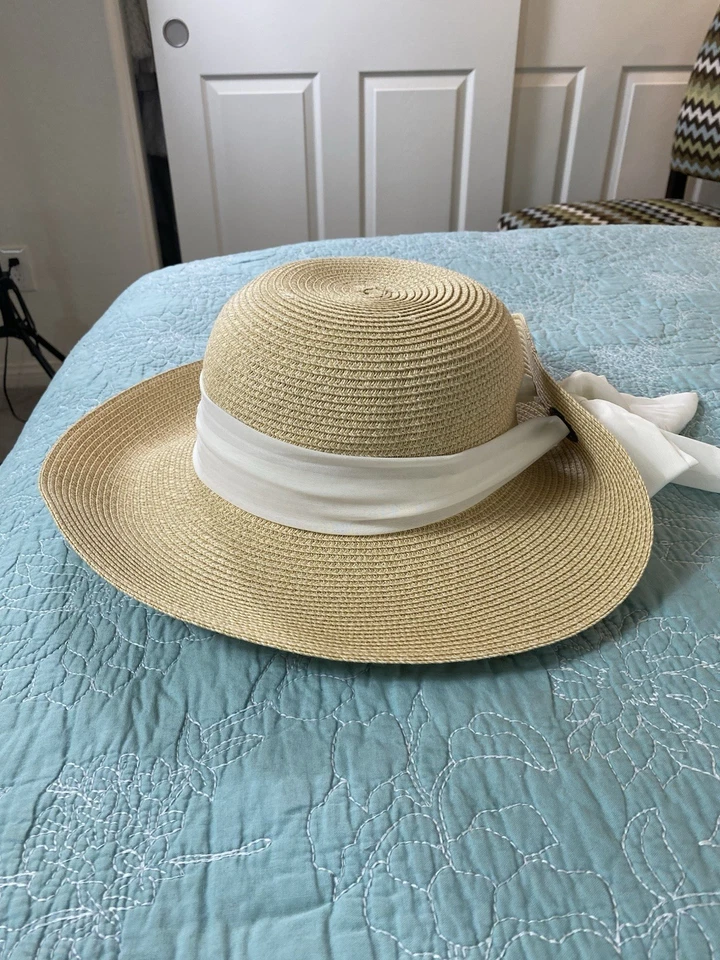 Sombrero Nine West Ala Ancha Sol Paja Mujer Talla Única Blanco Cinta Lazo Verano Elegante Foto 3 de 4
