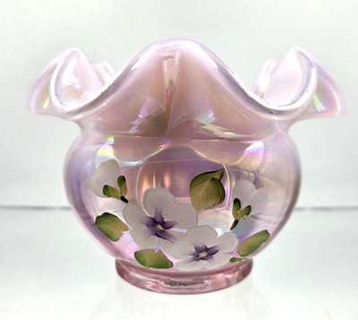 Fenton Rose Pink Iridescent Opalescent Floral Crimped Bowl Signed Stephens Look!