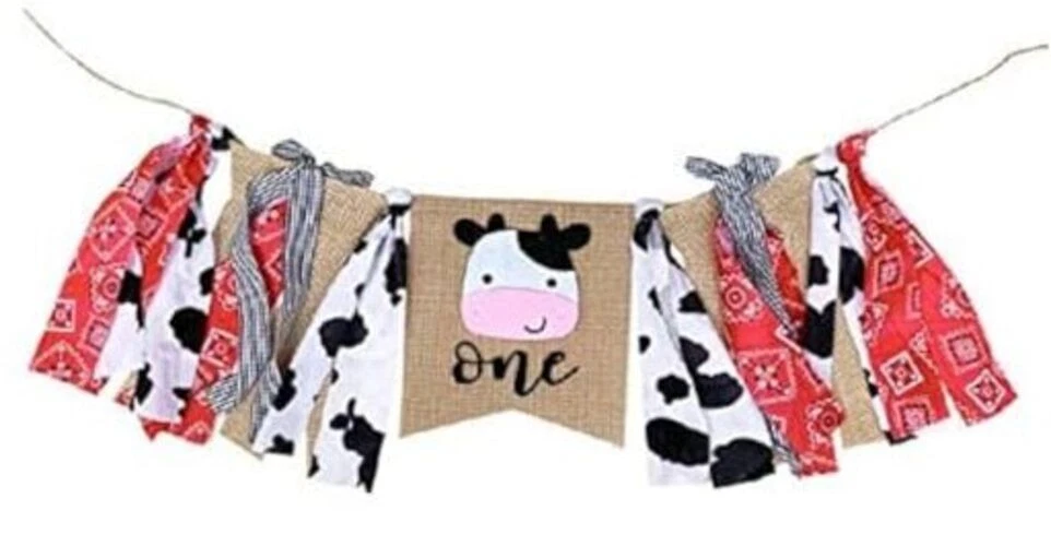 Farm ONE High Chair Banner for First Birthday, Barnyard Cow 1st Birthday Party