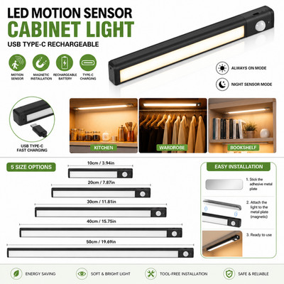 LED Motion Sensor Cabinet Light USB-C Rechargeable Under Cabinet Closet Lamp