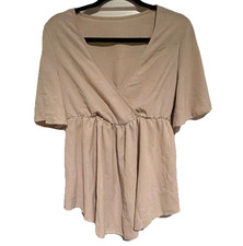 Taupe Nude Surplice Wrap Front Peplum Top Sho...
