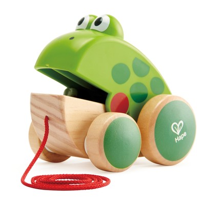 Hape: Pull Along Frog - Wooden Green Toy W/ Open & Close Mouth,1+