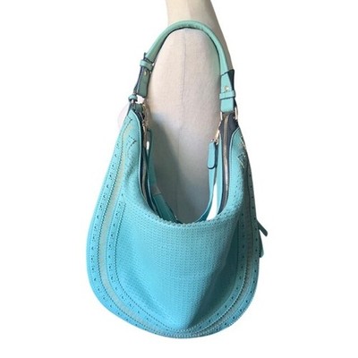 Slouchy Hobo Bag Tassel Western Boho Perforated Shoulder Crossbody Festival Aqua