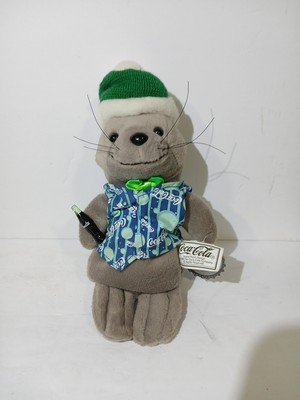 Vintage Coca-Cola 1997 Bean Bag Plush Seal in Green Stripe Scarf W/tags