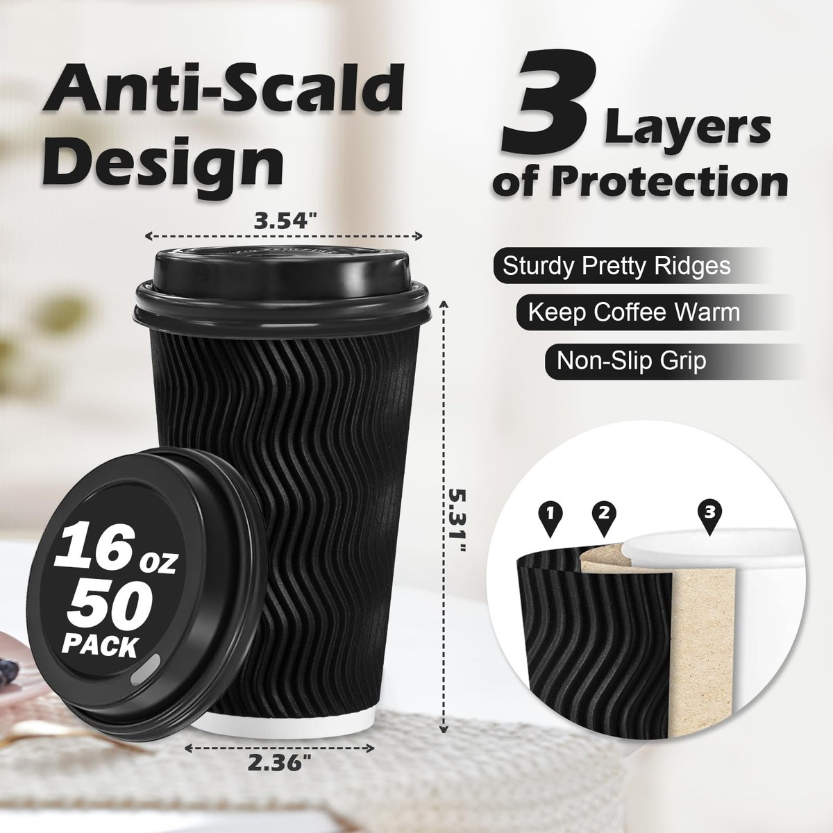 50 Pack 12oz Ripple Wall Disposable Coffee Cups With Lids - Insulated, BPA Free, For Hot & Cold Drinks - View #12