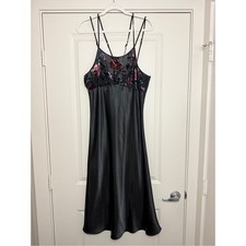VTG Secret Treasures Satin Night Gown Sz L Lingerie Jacquard Velvet Floral Black