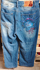 Christian Audigier Blue Light Wash Denim Straight Jeans Rhinestone Logo 5-Pocket