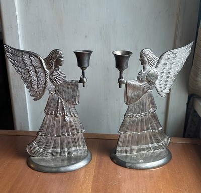 Vtg Silver Plated Angel Taper Candle Holder Pair Retro Set Two Holders Christmas