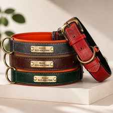 Soft Leather Dog Collar with Engraved ID Tag for Small Medium Large Dogs New