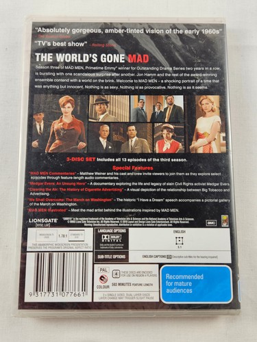 Mad Men - Season 3 DVD 3-Disc Set (Region 4) NEW & SEALED - Picture 2 of 2