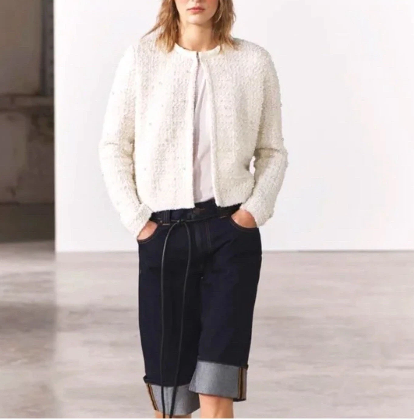 OFF WHITE Zara L Cardigan Giacca Maglia Bianco Avorio Con Perle Nuovo Con Etichetta