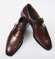 Handmade Men's Leather Dark Brown Brogue Wingtip Single Buckle Top Shoes-655