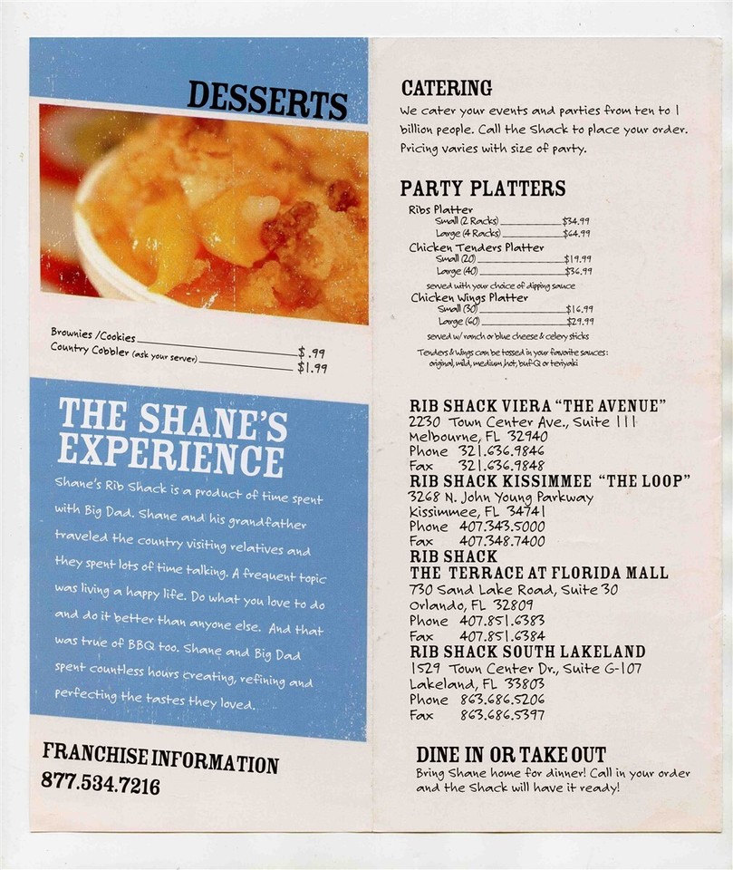 Shane's Rib Shack Menu Melbourne Kissimmee Orlando & Lakeland Florida eBay