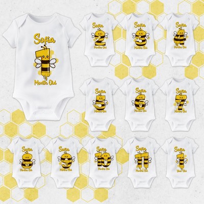 Honey bee Personalised Milestone Baby Bodysuit, Yellow monthly milestone