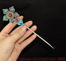 6.8"China Tibetan silver inlay green jade red Gem Hair accessories Hairpin