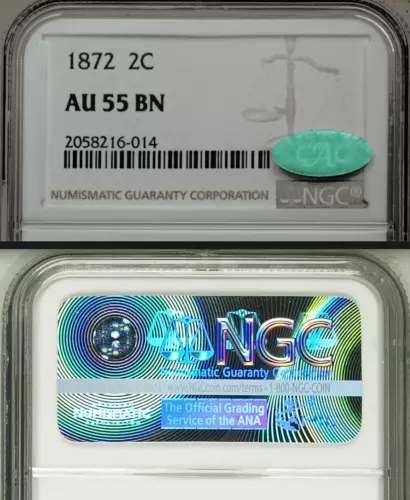 1872 NGC AU55 CAC Key Date LOWEST MINTAGE 2c Business Strike! Two Cent Piece