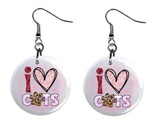 I Love Cats Design, Button Earrings Jewelry 1" Dangle MADE IN USA NEW
