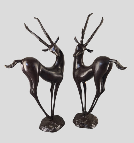 Pair Of Art Deco Mid-Century Modern Bronze Deer Sculptures 25.5''High