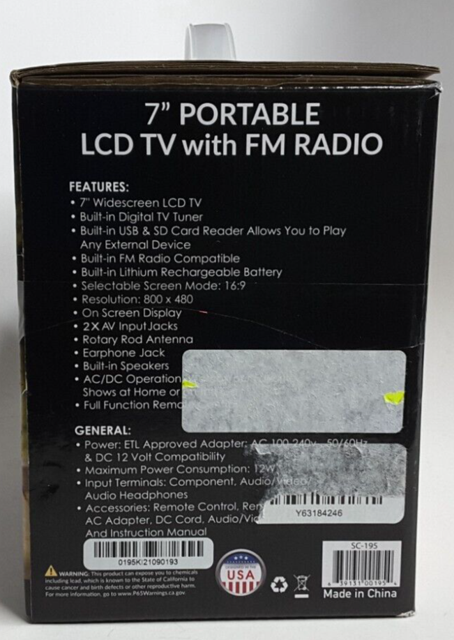 Supersonic 7" Portable Digital TV / USB & SD, 12 Volt AC/DC For RVs SC