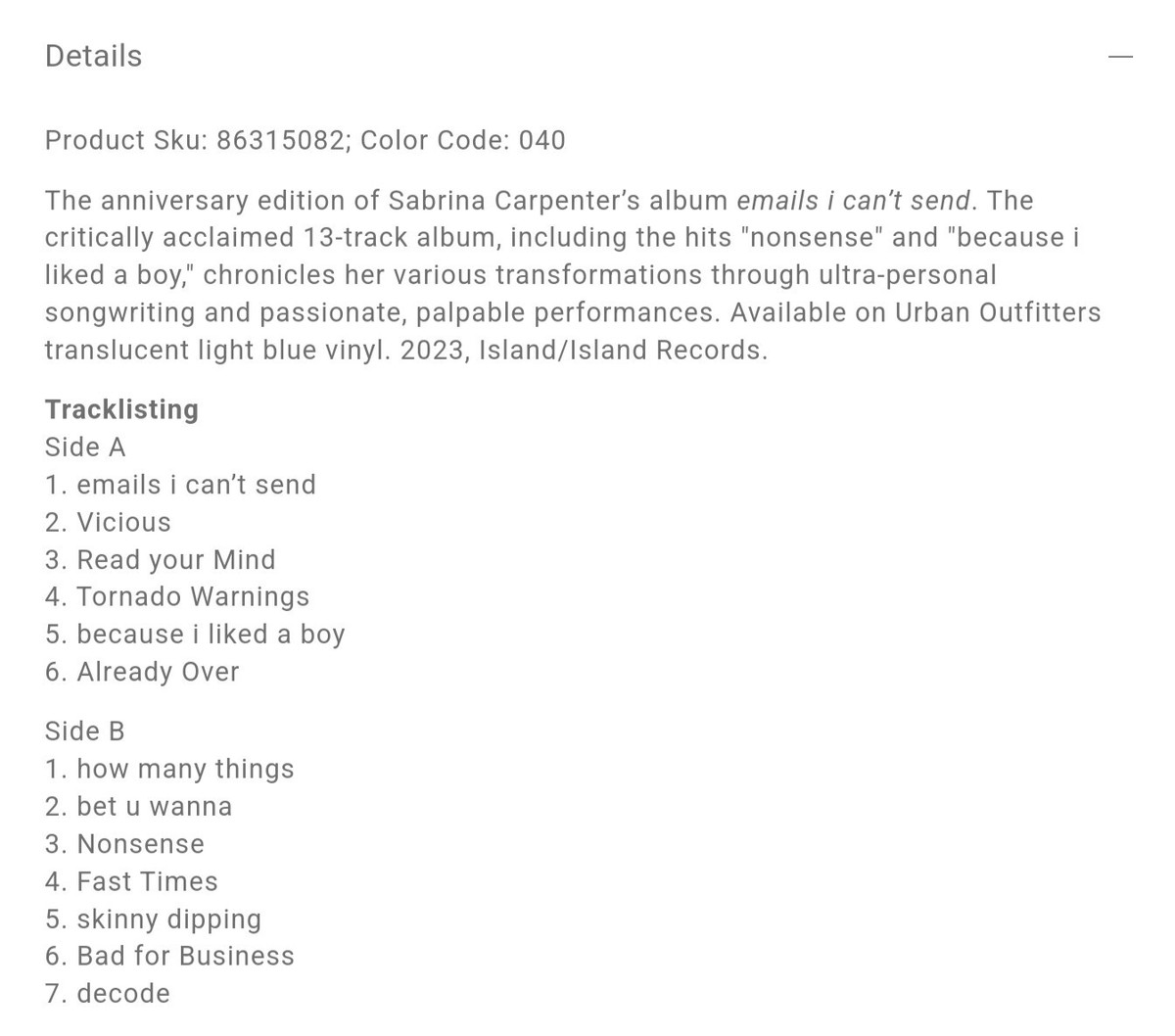 【新品未開封】【レコード】 emails i can't send Emails I Can't Send (アナログレコード) : Sabrina Carpenter