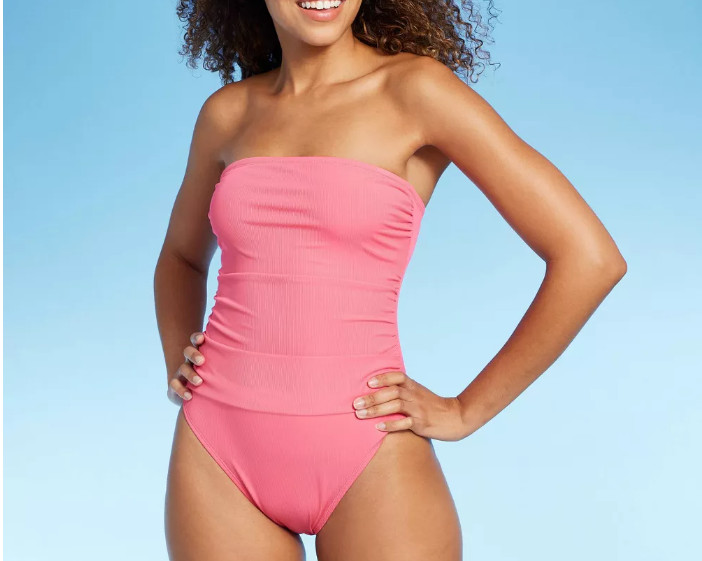 Women'sShirred Ribbed Bandeau Cheeky One Piece Swimsuit - Shade & Shore Pink M: