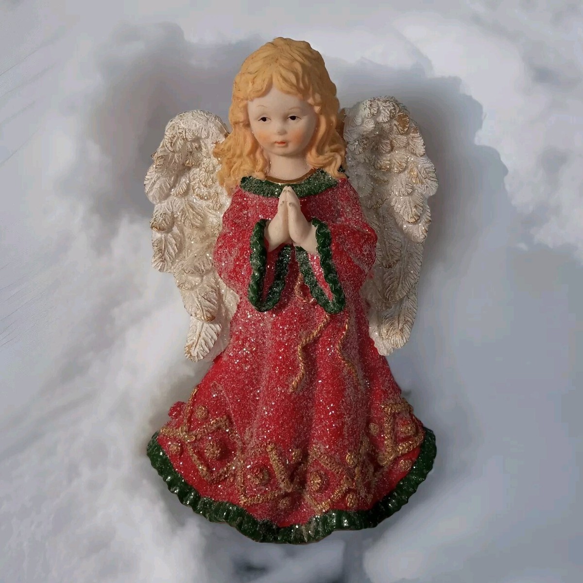 Christmas Angel Figurine Red & Green Dress Gold Accent Glitter Praying  Resin | eBay