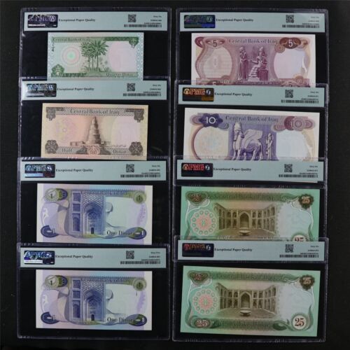 1973-80 Central Bank 1/2 -25 Dinars PMG 65/66 EPQ Gem UNC 8PCS - Picture 2 of 4