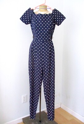 NOS Vtg 80s Navy Blue Polka Dot Harem Carrot Leg Jumpsuit Scallop Scoop Neck 8