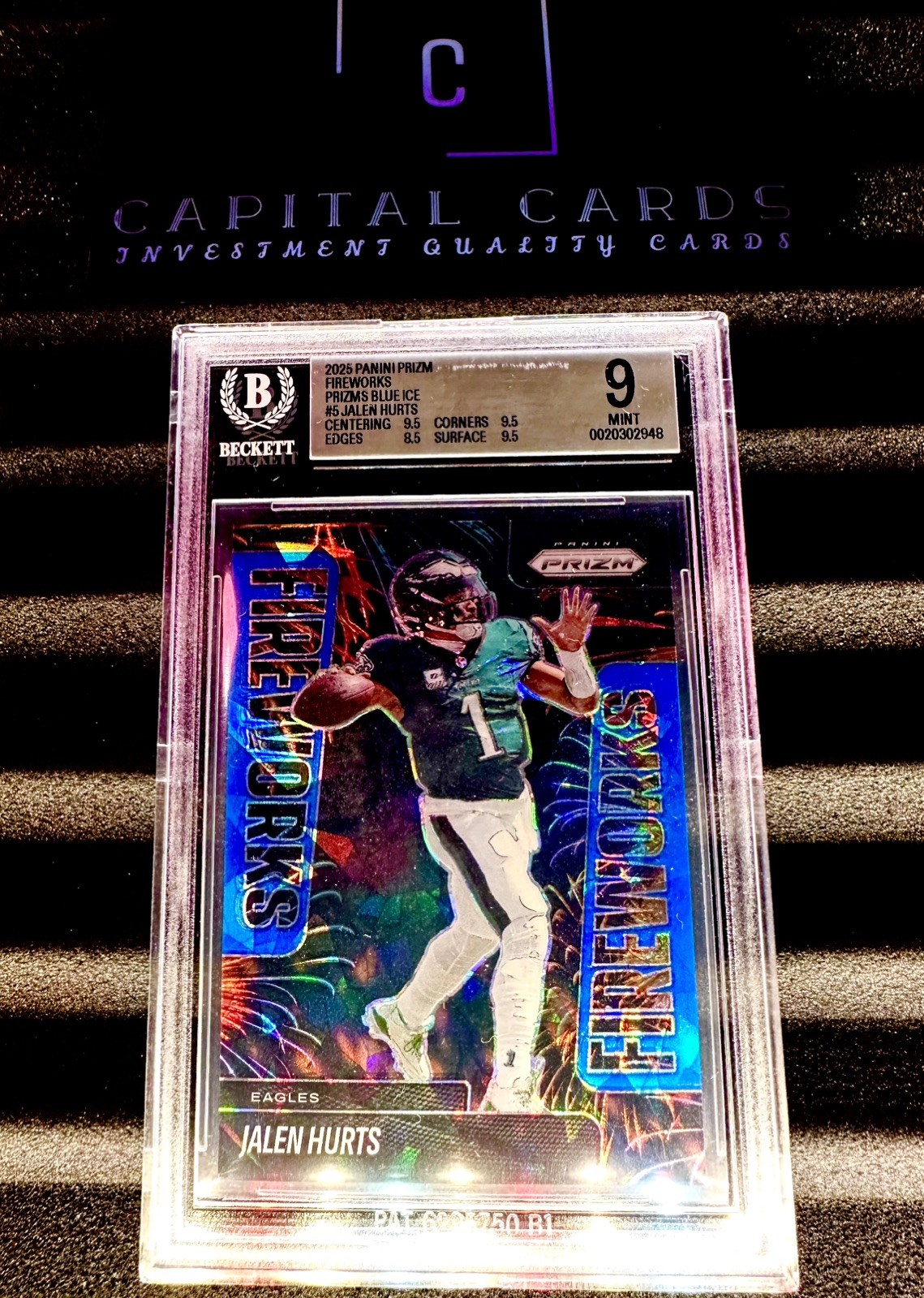 2025 Prizm - Fireworks Jalen Hurts #5 Blue Ice 99/99!! BGS 9 Eagles LAST PRINT!